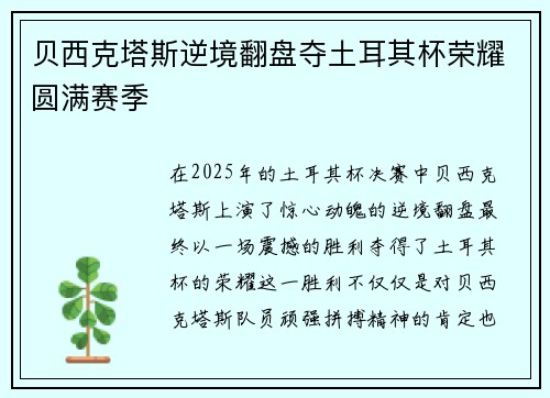 贝西克塔斯逆境翻盘夺土耳其杯荣耀圆满赛季